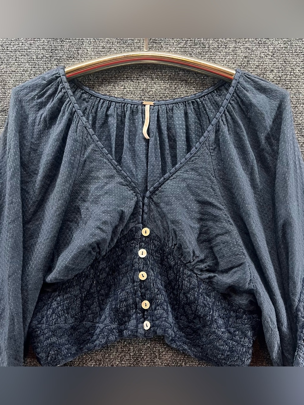Free People Crop Top Large Stormy Navy Blue Southwest Lace Balloon Sleeve Button - Picture 2 of 12